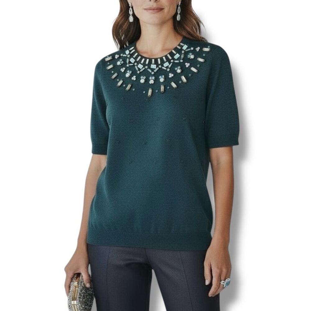 Louis Vuitton Gray Jewel Beaded Wool Short Sleeve Sweater Size M